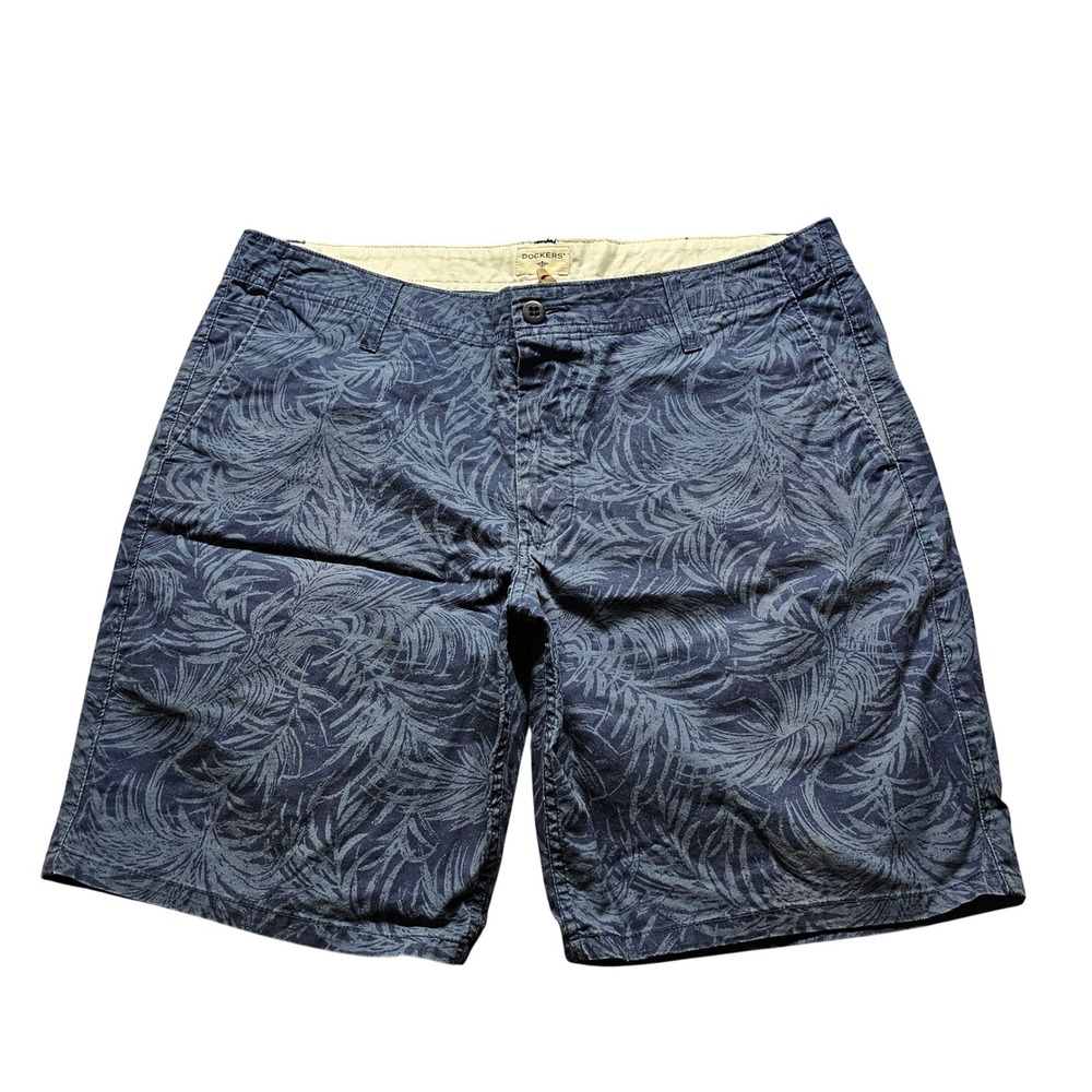 Dockers Palm Leaf Print Shorts Mens 36 Navy Blue Tropical Casual Flat Front 5177